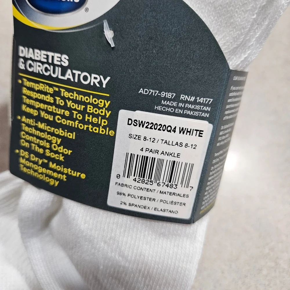 Dr. Scholl's Ankle Socks Womens 8-12 White Diabetes Circulatory 4 Pair Pack New